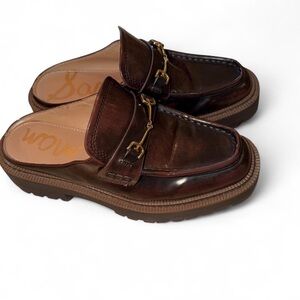 Sam Edelman Lennon Dark Brown lug mules with Gold Accents